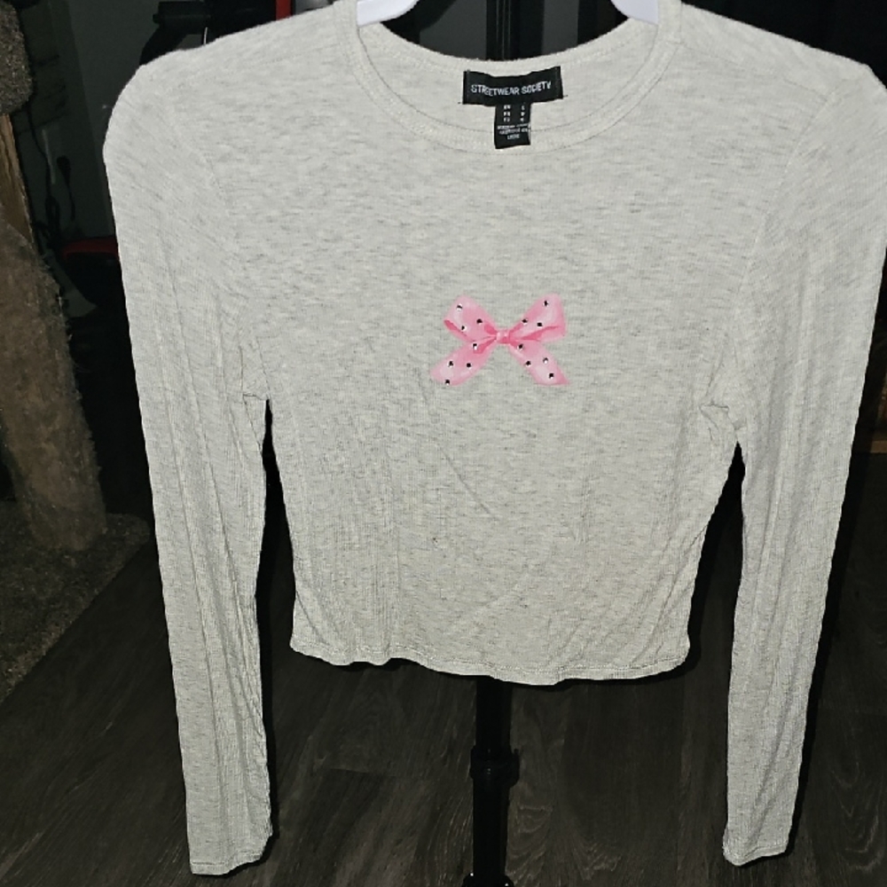 Streetwear Society Ribbed Long Sleeve Bling Bow Top. Sz Small Womens!!